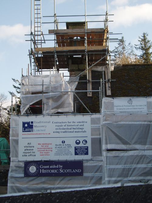 Scaffolding and signs at the East Church, Cromarty